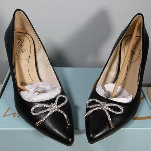 Life Stride Black Pointed Toe Heels with Crystal Bow Accent